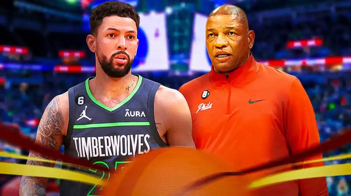 Milwaukee Bucks head coach Doc Rivers and former player Austin Rivers in front of the Fiserv Forum.