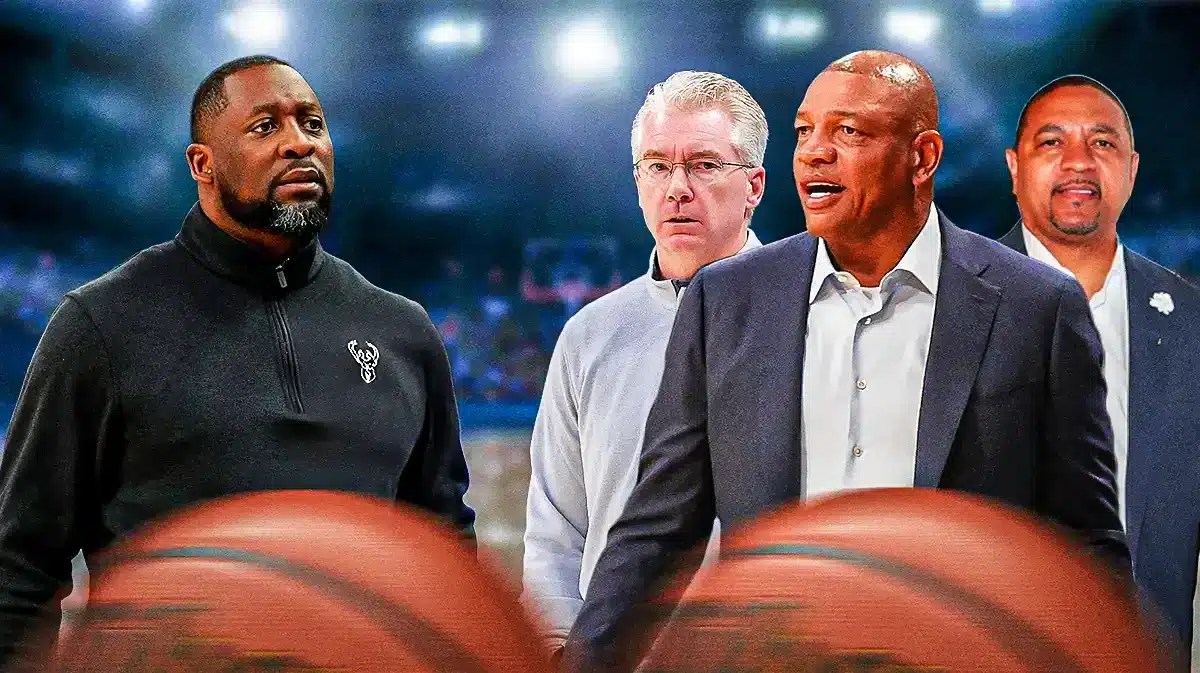 Bucks' Adrian Griffin next to Doc Rivers, Joe Prunty and Mark Jackson