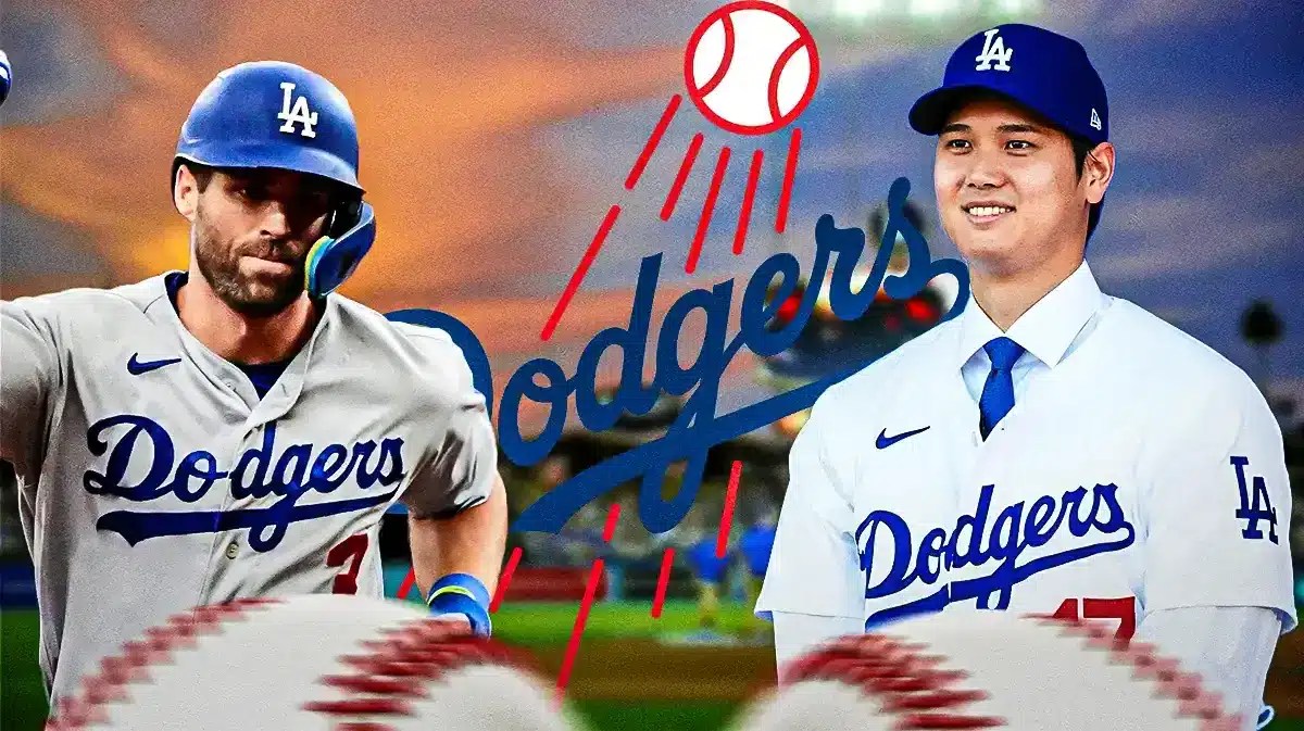 Chris Taylor and Shohei Ohtani in front of a Dodgers logo at Dodgers Stadium
