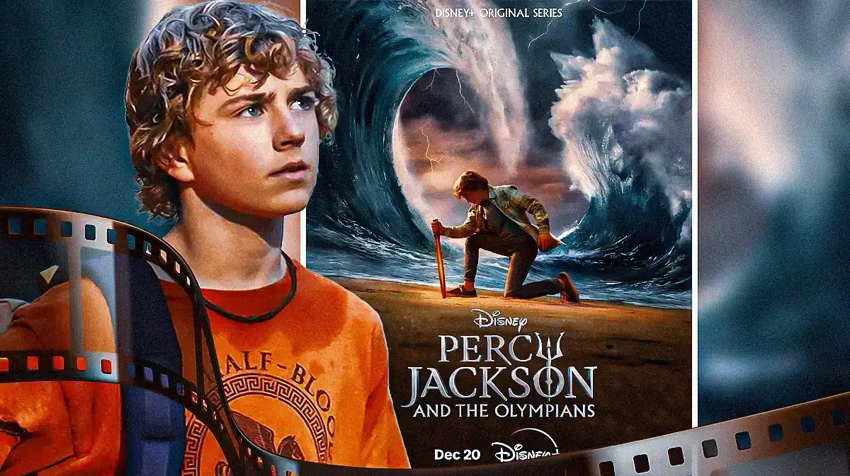 Walker Scobell next to Percy Jackson and the Olympians poster,