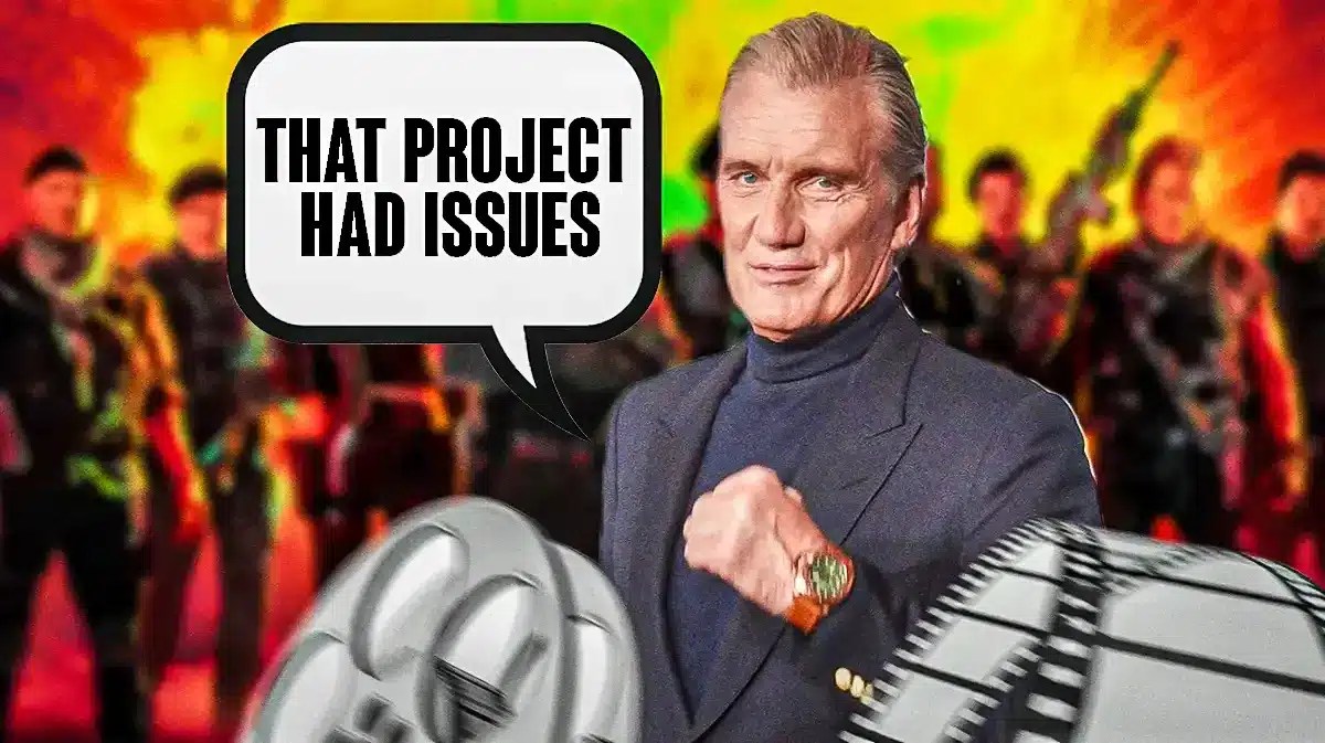 Dolph Lundgren saying "that project had issues" in a text bubble with Expendables 4 poster in the background