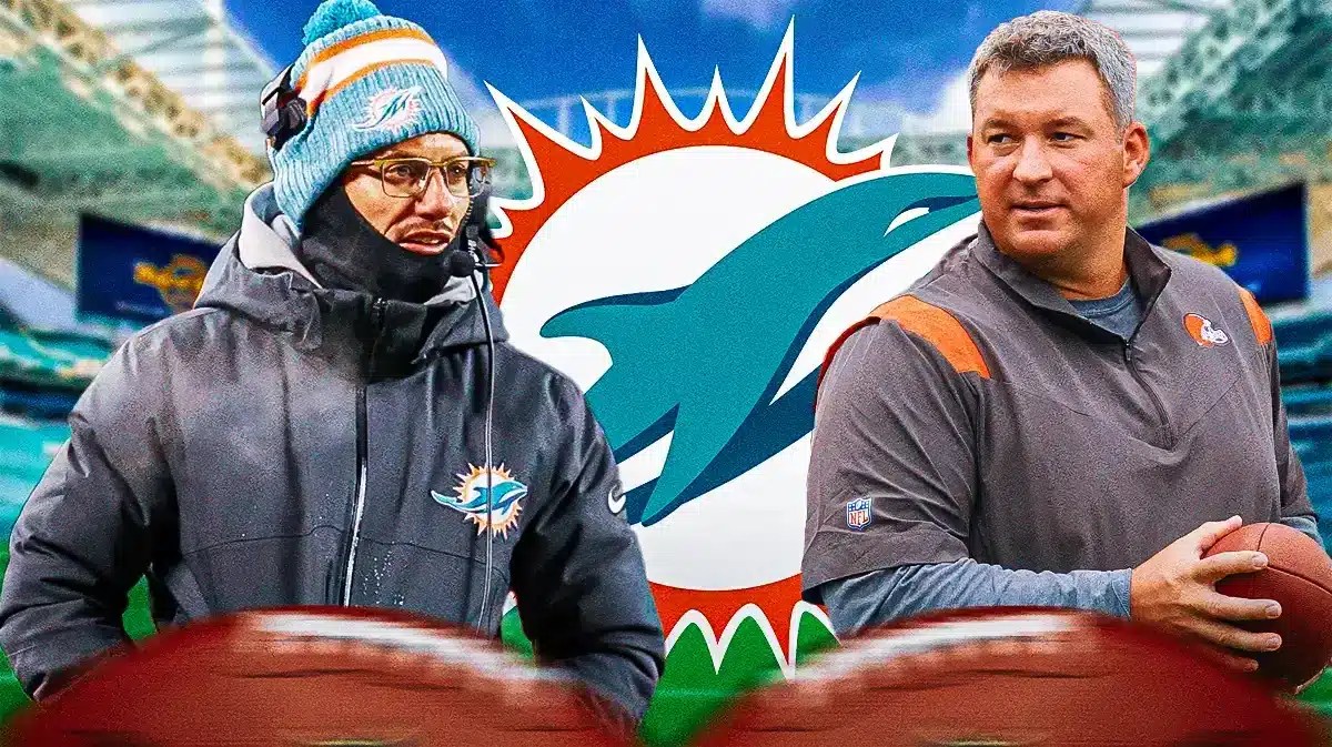 Dolphins Mike McDaniel next to Texans Chris Kiffin in front of a Dolphins logo at Hard Rock Stadium