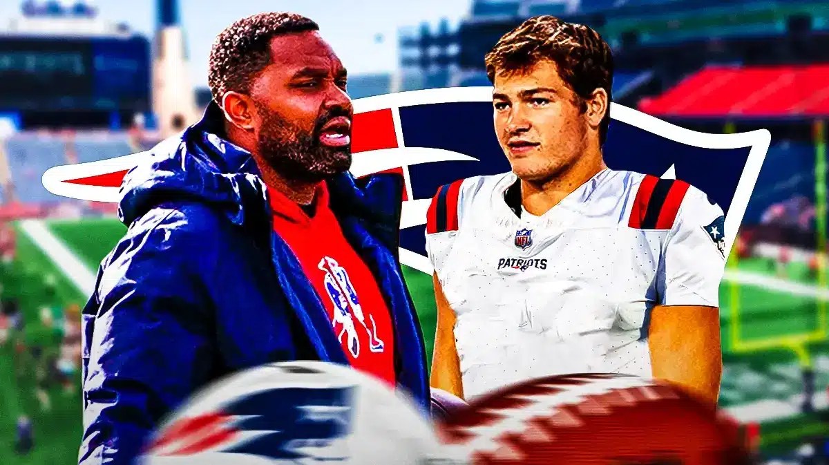 Patriots Jerod Mayo looking at Drake Maye wearing a Patriots uniform. Background is Foxboro Field, thanks