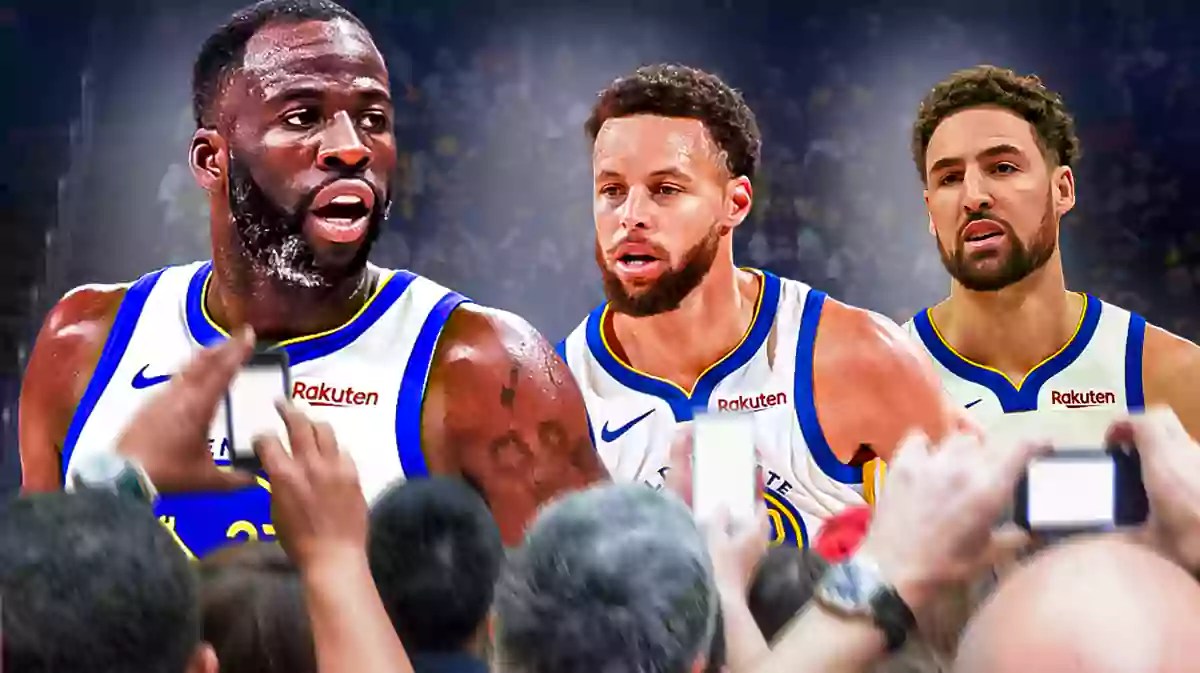 Draymond Green alongside Steph Curry and Klay Thompson with the Warriors arena in the background