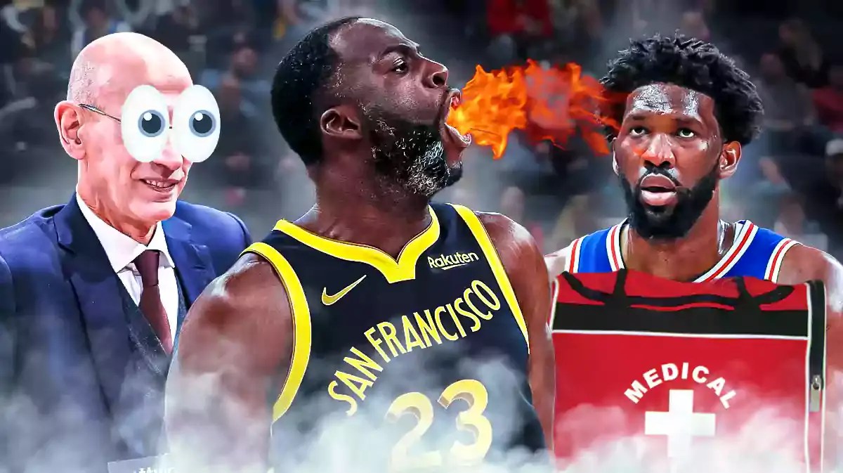 Draymond Green in the middle breathing fire, Adam Silver on one side with the big eyes emoji over his face, Joel Embiid on the other side with an injury kit in front of him