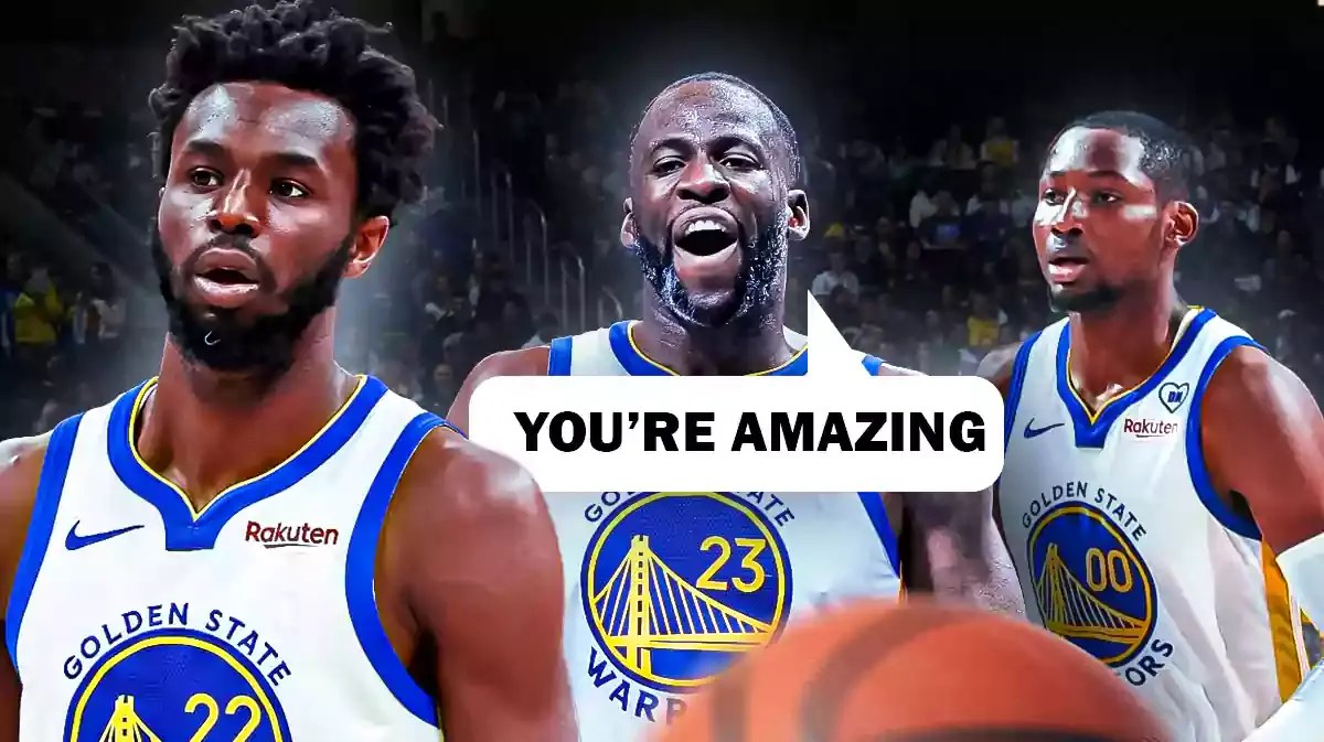 Draymond Green telling Andrew Wiggins "You're amazing" with Jonathan Kuminga behind him