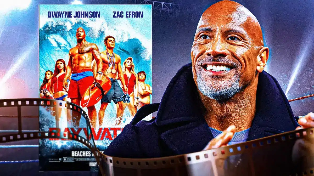 Baywatch poster next to Dwayne Johnson.