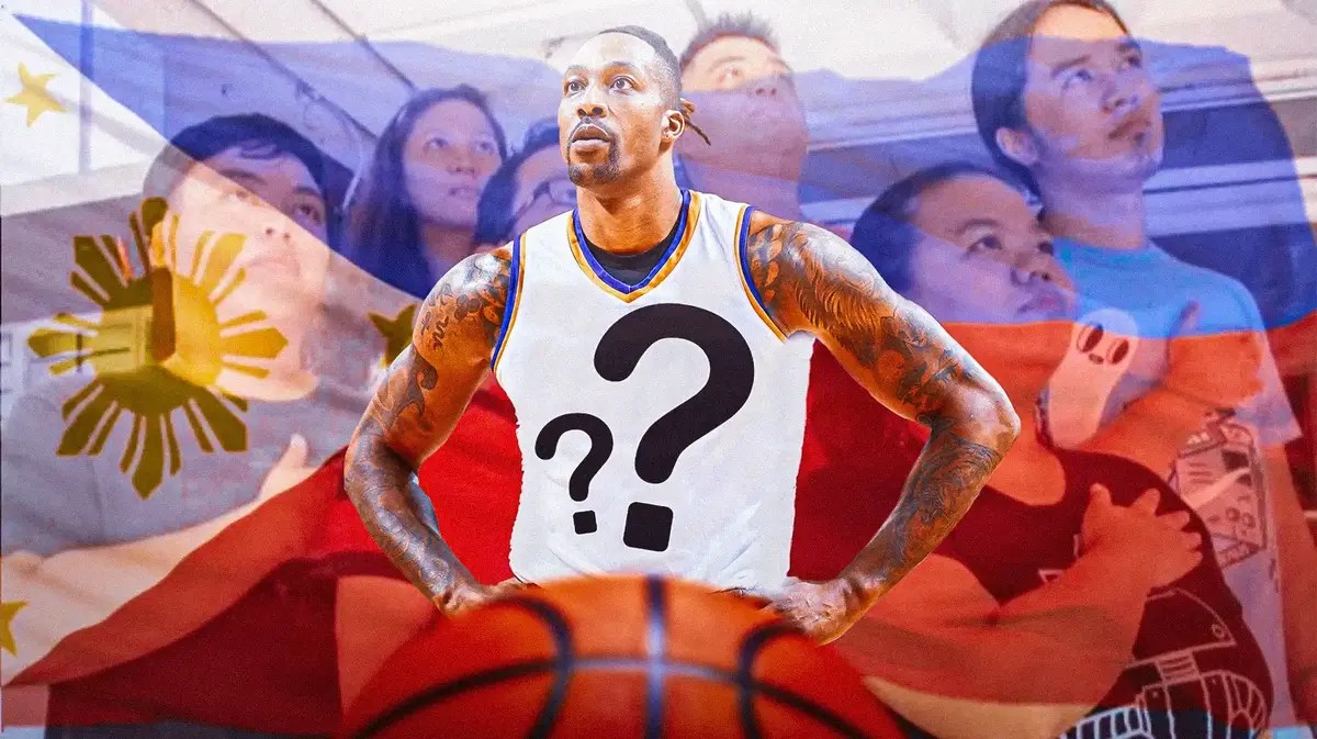 Dwight Howard with a blank uniform with a question mark on it, with the image above as the background
