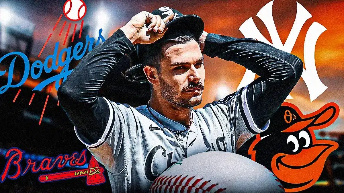 White Sox’s Dylan Cease in front looking serious. Place the Dodgers, Yankees, Braves, and Orioles logos in background.