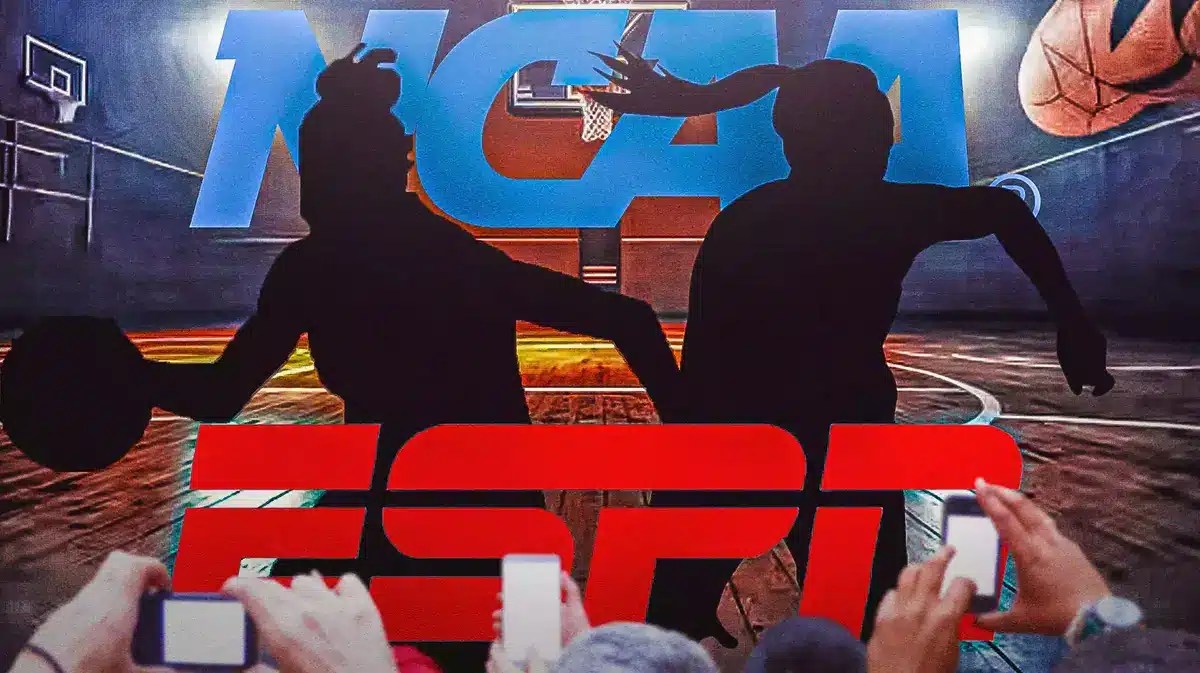 Silhouettes of women basketball players in action, with the ESPN and NCAA logo in the background,