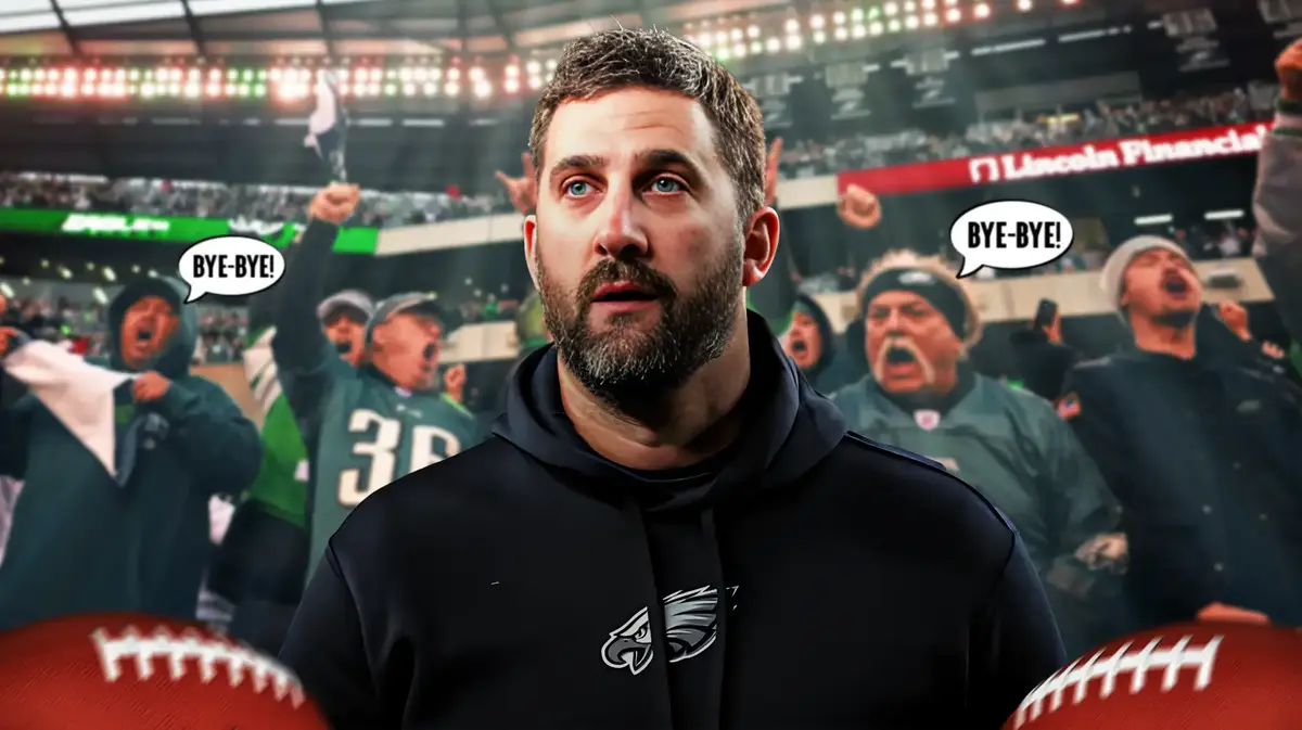 Philadelphia Eagles coach Nick Sirianni and Eagles fans looking mad/angry and a speech bubble from the fans saying “Bye-Bye!”