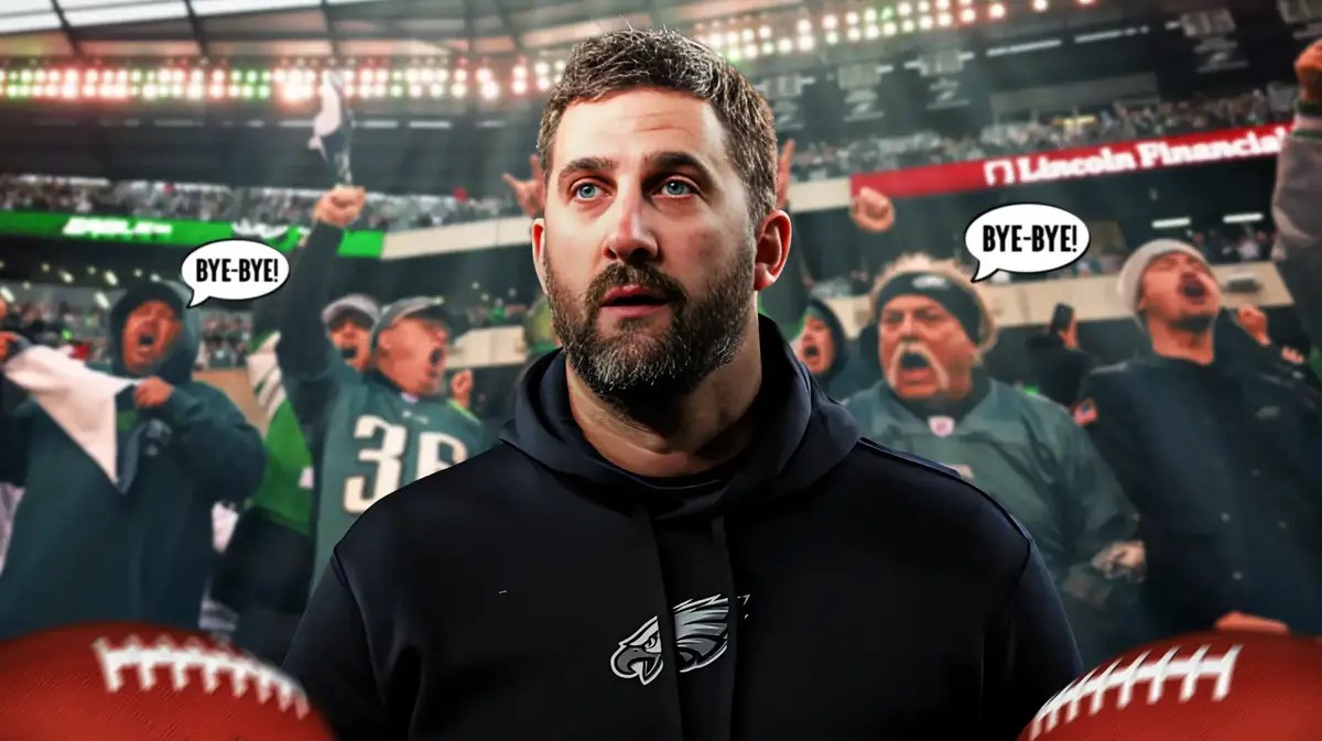 Philadelphia Eagles coach Nick Sirianni and Eagles fans looking mad/angry and a speech bubble from the fans saying “Bye-Bye!”