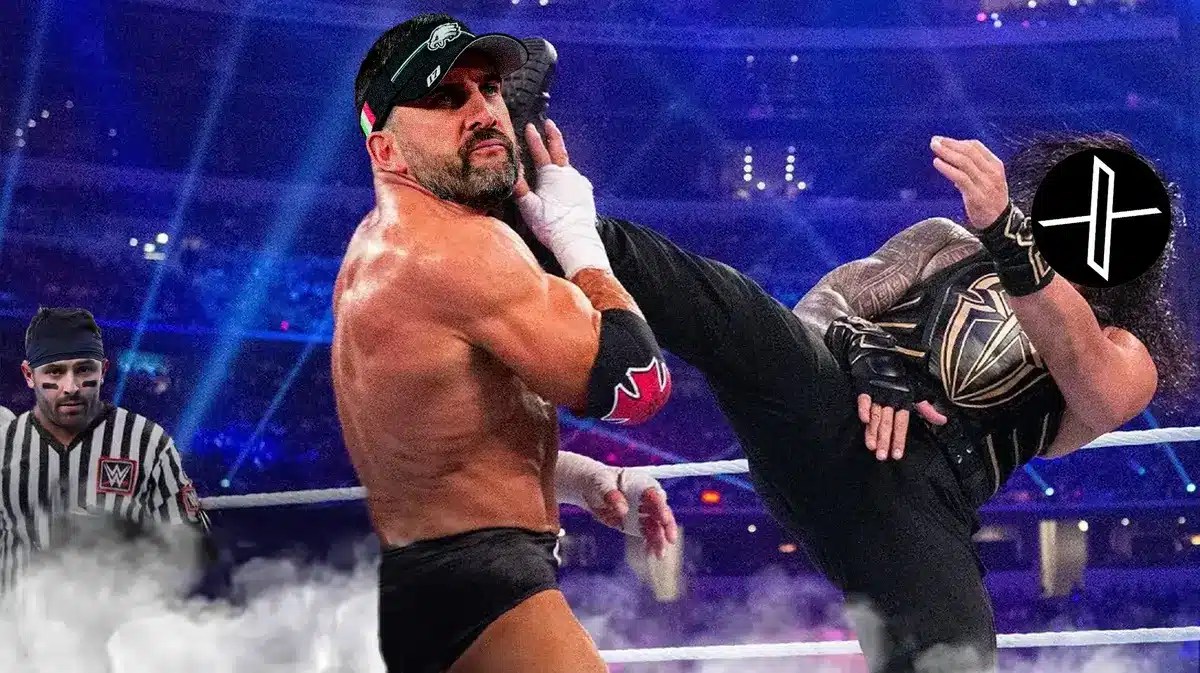 Nick Sirianni (Eagles) as Triple H (man on left) and X (social media app) on the face of Roman Reigns (man on right), BAKER MAYFIELD (Buccaneers) as the ref