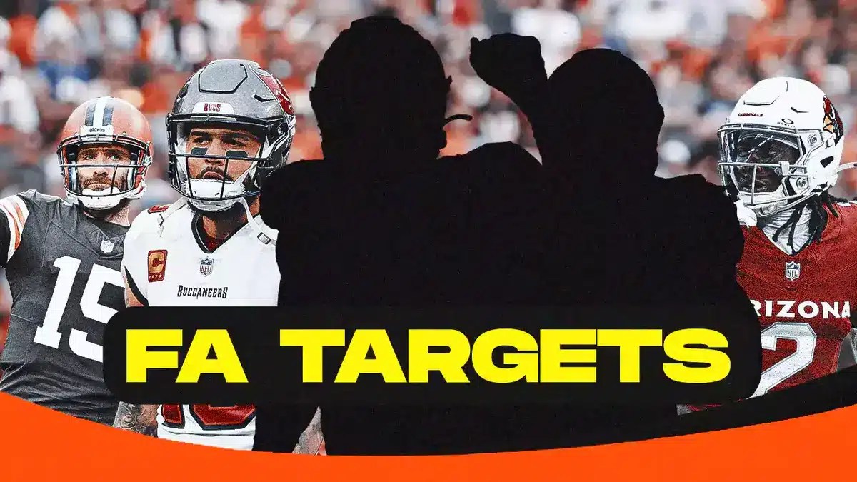 Two mystery players in the middle, Coach Kevin Stefanski, Mike Evans, and Marquise Brown around them, and Cleveland Browns wallpaper in the background.