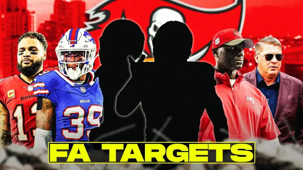 Two mystery players in the middle, Mike Evans, Cam Lewis, Todd Bowles, Jason Licht around them, and Tampa Bay Buccaneers wallpaper in the background.
