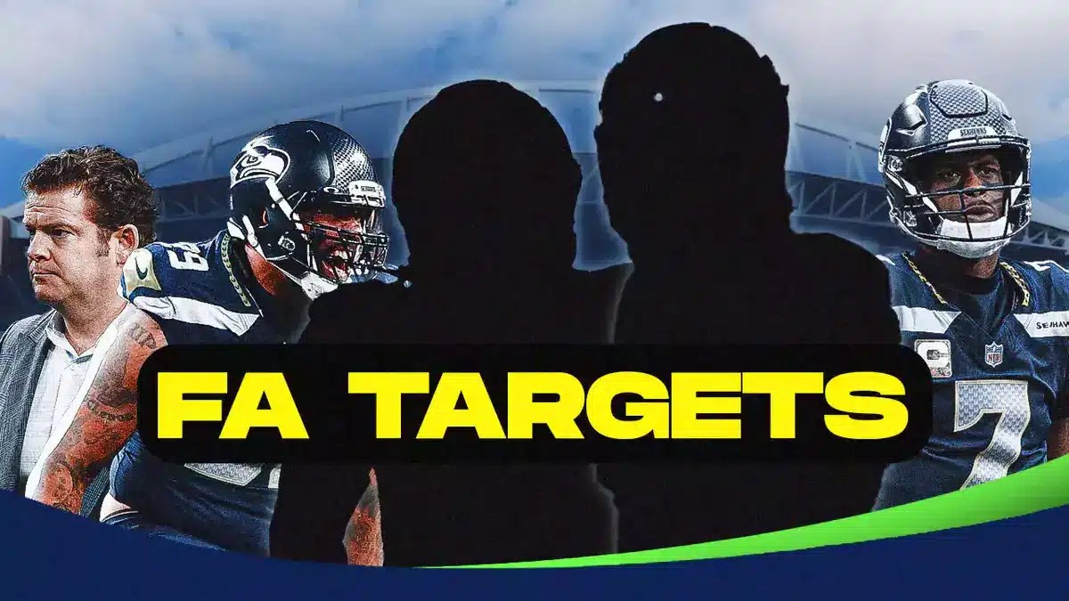 Two mystery players in the middle, GM John Schneider, Leonard Williams, and Geno Stone around them, and Seattle Seahawks wallpaper in the background.