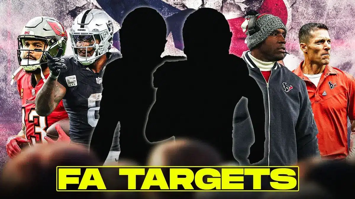 Two mystery players in the middle, Mike Evans, Josh Jacobs, Coach DeMeco Ryans, Nick Caserio around them, and Houston Texans wallpaper in the background.