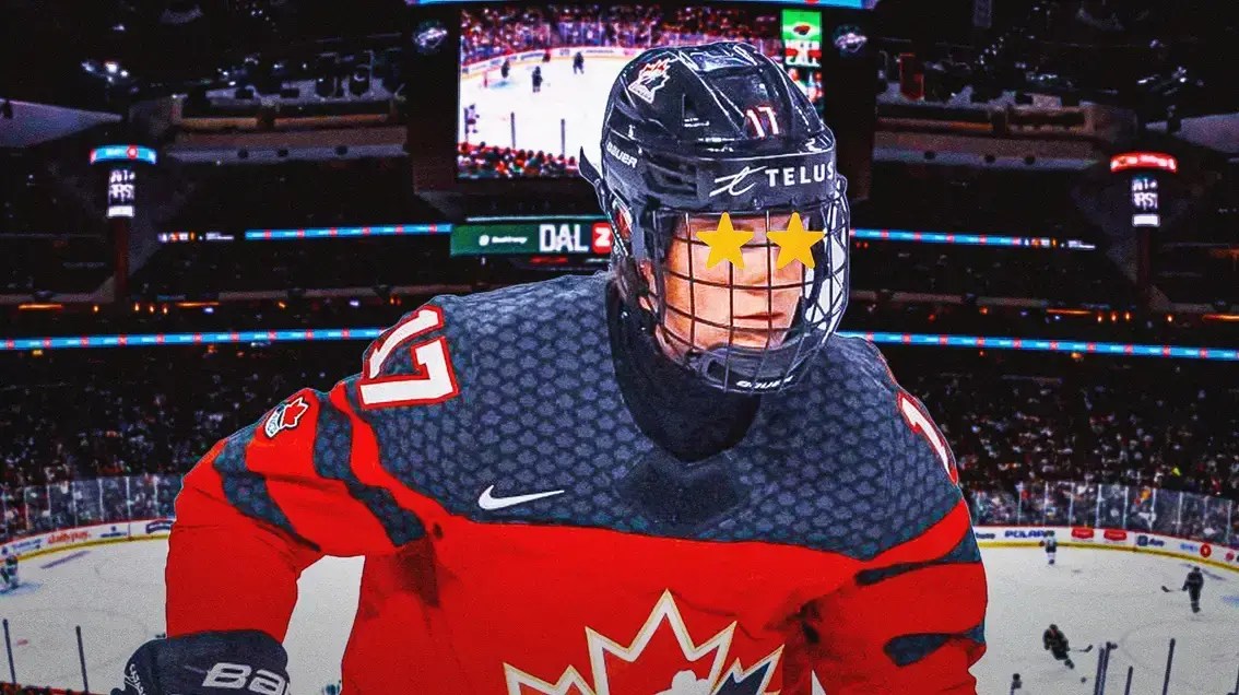 PWHL New York player Ella Shelton in her hockey uniform, with stars in her eyes in the middle of a hockey rink, with a crowd cheering behind Shelton