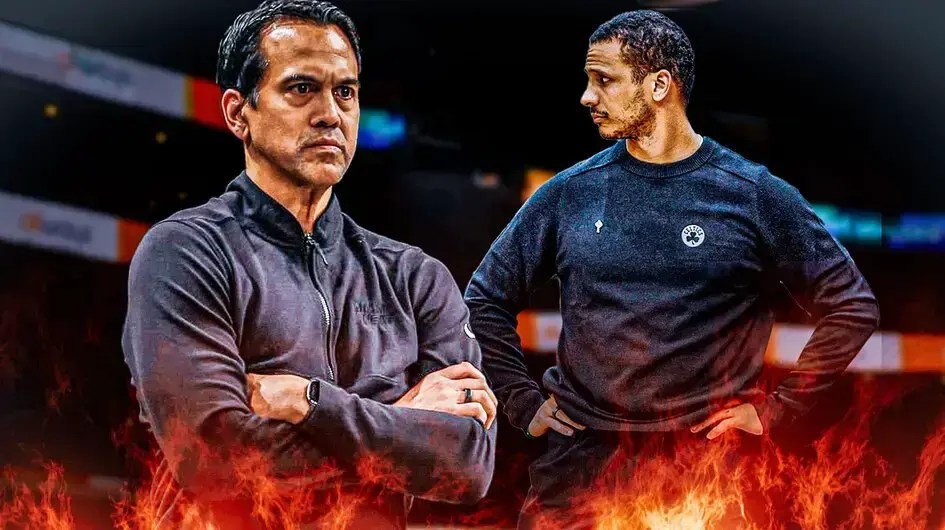 Miami Heat head coach Erik Spoelstra and Boston Celtics head coach Joe Mazzulla in front of the Kaseya Center.