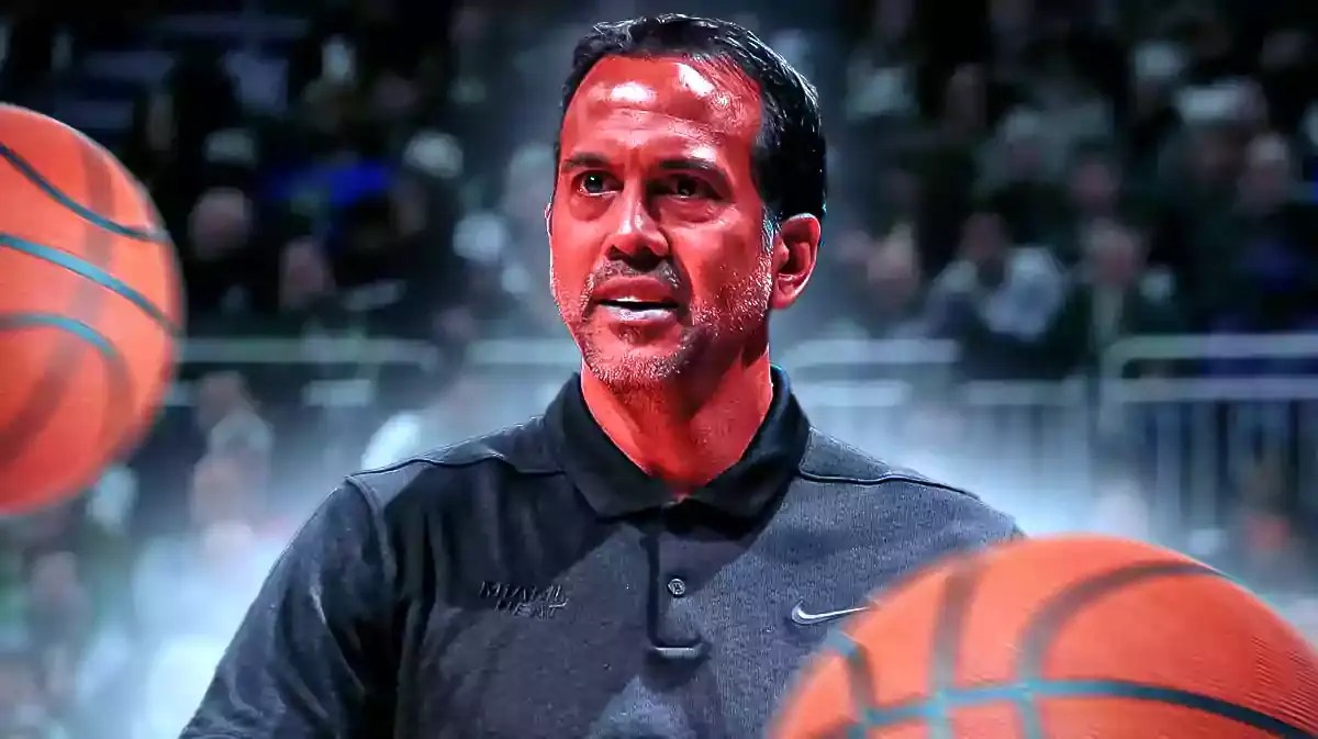 Miami Heat head coach Erik Spoelstra in front of the Kaseya Center.