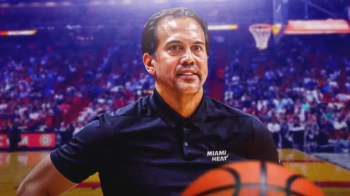 Miami Heat head coach Erik Spoelstra in front of the Kaseya Center.