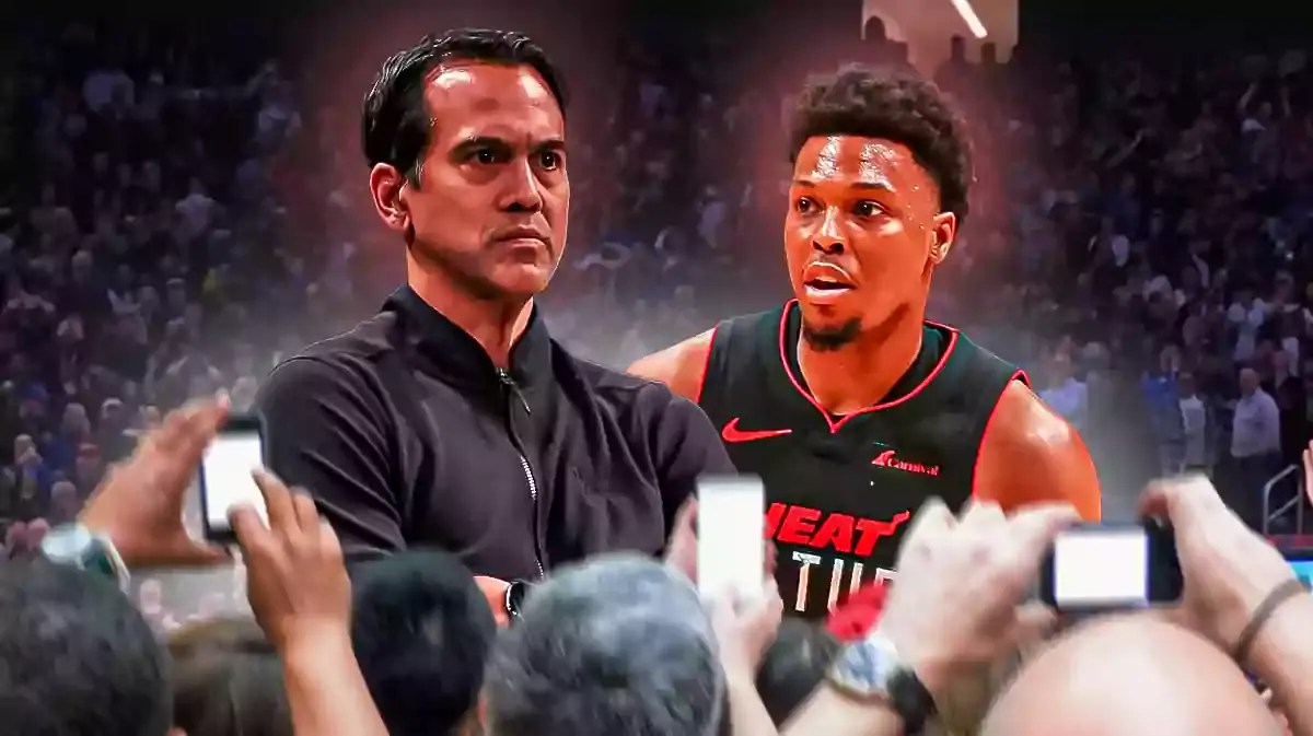 Miami Heat head coach Erik Spoelsra and star Kyle Lowry in front of the Kaseya Center.
