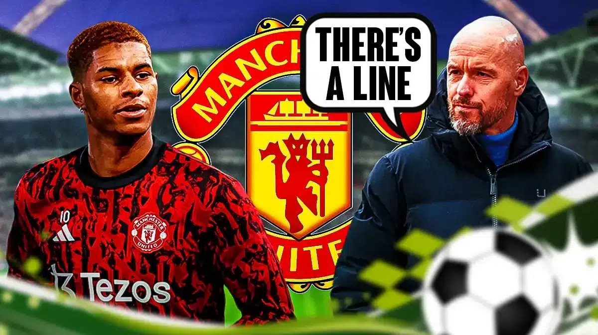 Erik ten Hag saying: ‘There’s a line' in front of the Manchester United logo, Marcus Rashford next to him