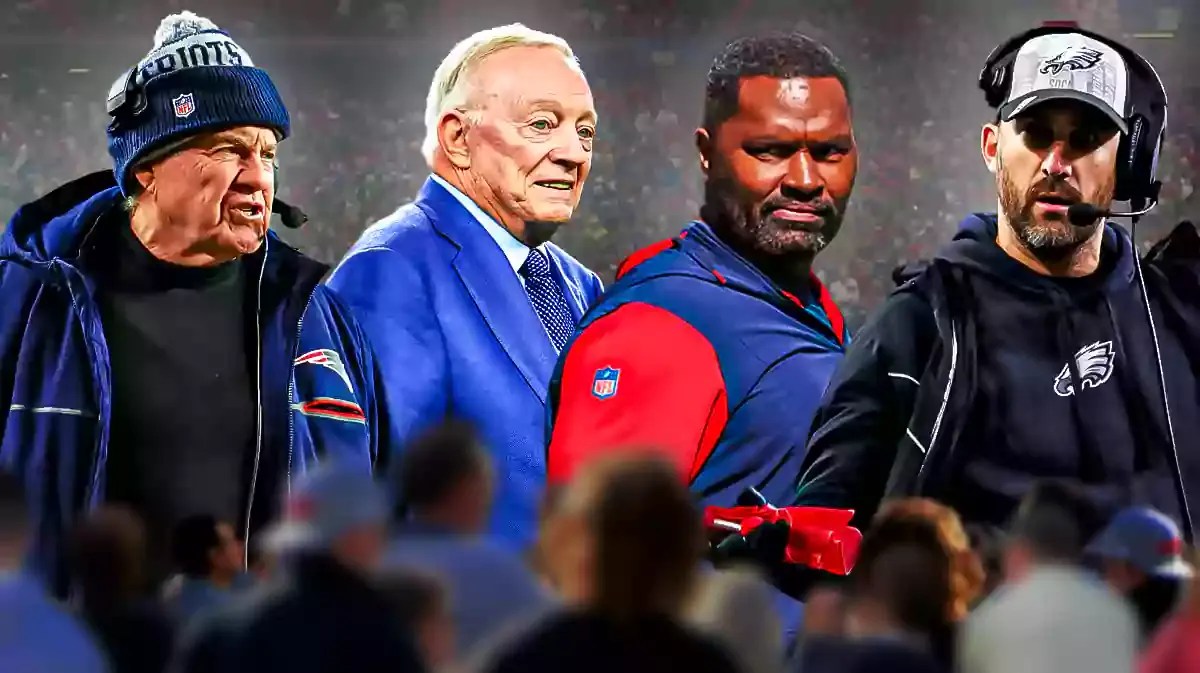 Bill Belichick, Cowboys owner Jerry Jones, Patriots coach Jerod Mayo, Eagles coach Nick Sirianni