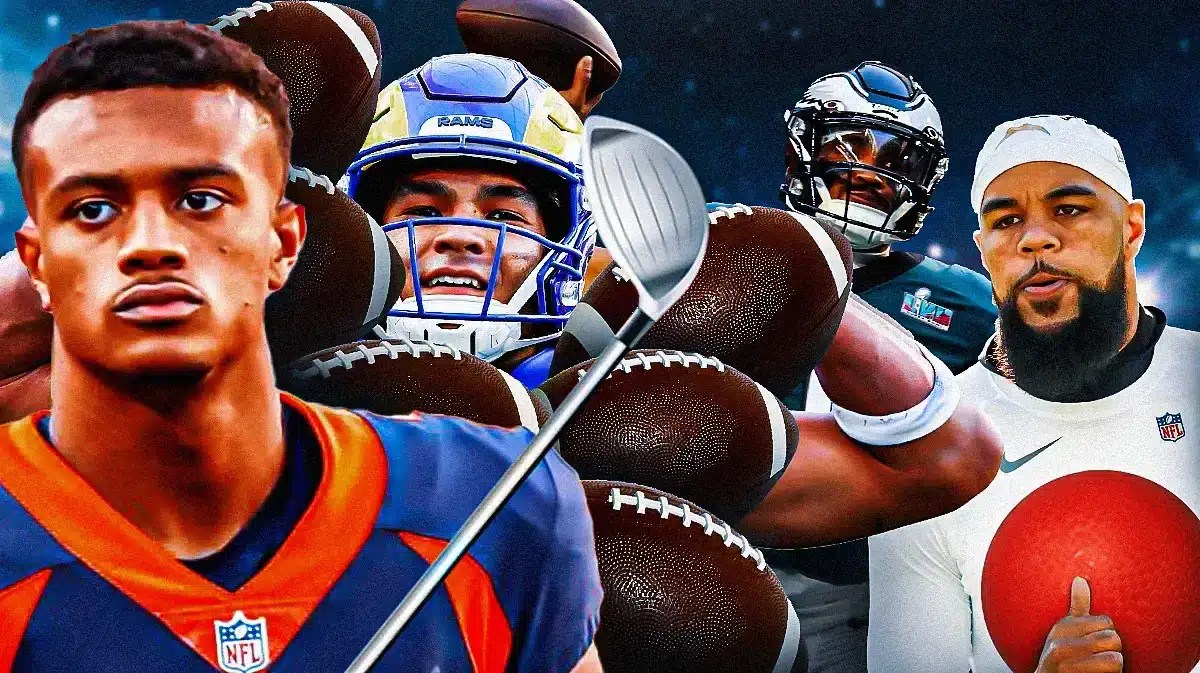 Keenan Allen with a dodgeball in his hand, Pat Surtain with golf club in his hand, Jalen Hurts throwing a football, Puka Nacua with five or six footballs stacked in his hands.