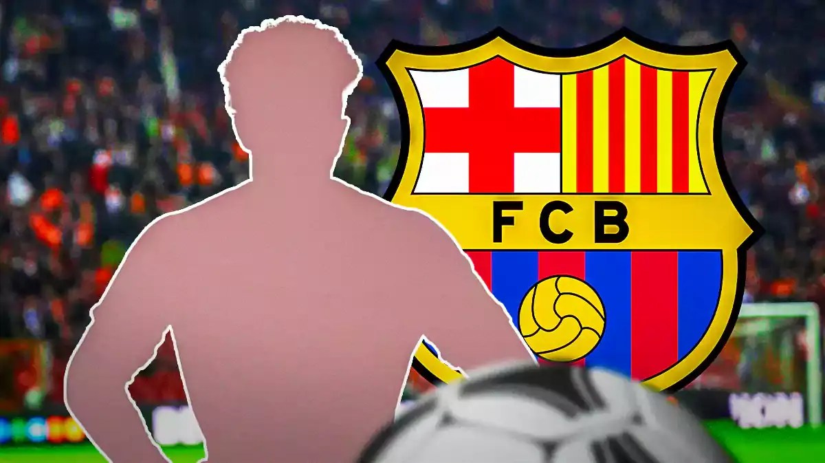 The silhouette of Alejandro Balde in front of the Barcelona logo