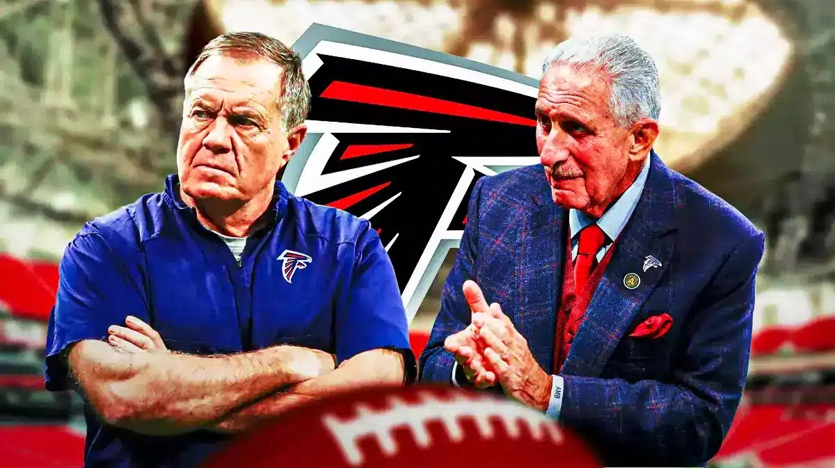 Bill Belichick next to Arthur Blank in front of Mercedes-Benz Stadium