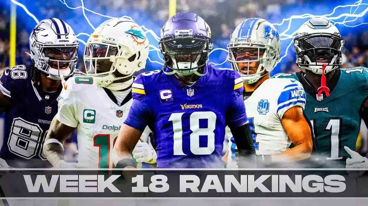 Fantasy football Wide Receivers CeeDee Lamb, Tyreek Hill, Justin Jefferson, Amon-Ra St. Brown, AJ Brown are all beside each other with electricity in the background.