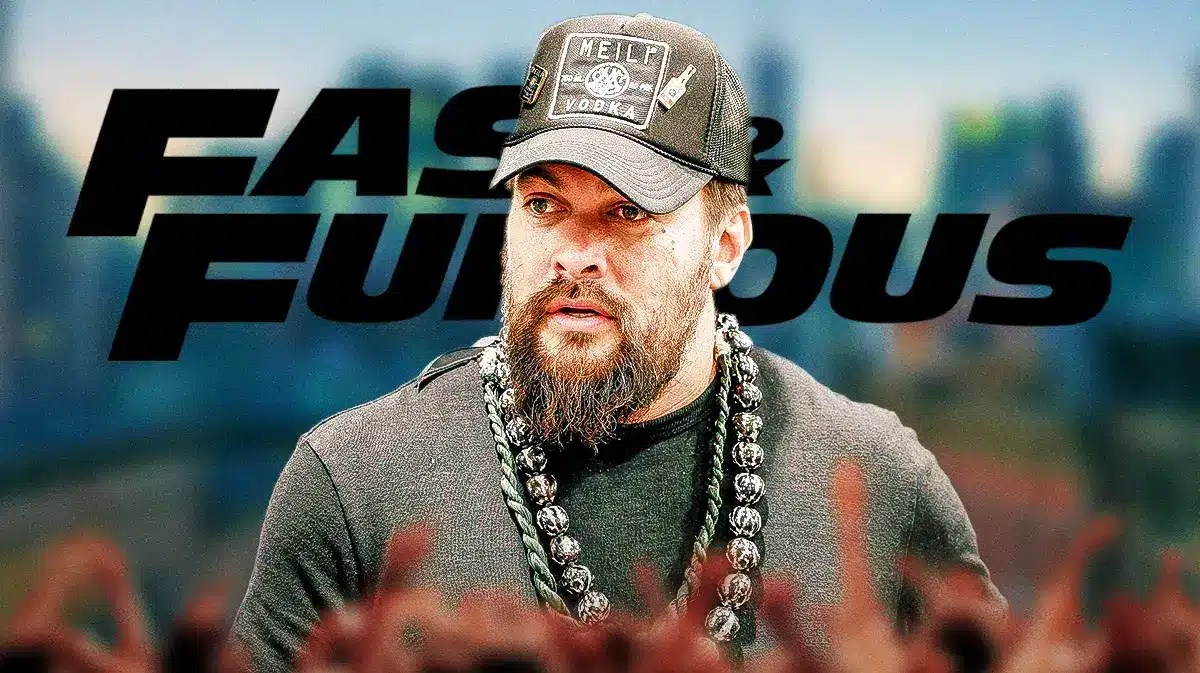 Jason Momoa with Fast and Furious logo behind him.
