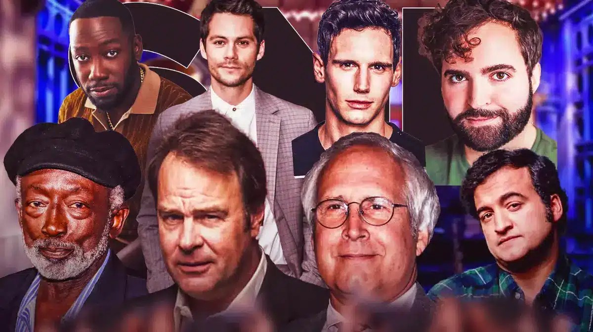 Top: Lamorne Morris, Dylan O'Brien, Cory Michael Smith, Matt Wood; Bottom: Garrett Morris, Dan Aykroyd, Chevy Chase, John Belushi