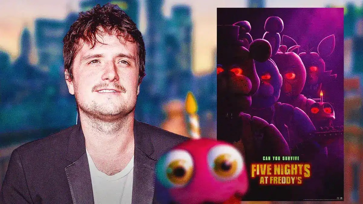 Josh Hutcherson next to Five Nights at Freddy's poster.