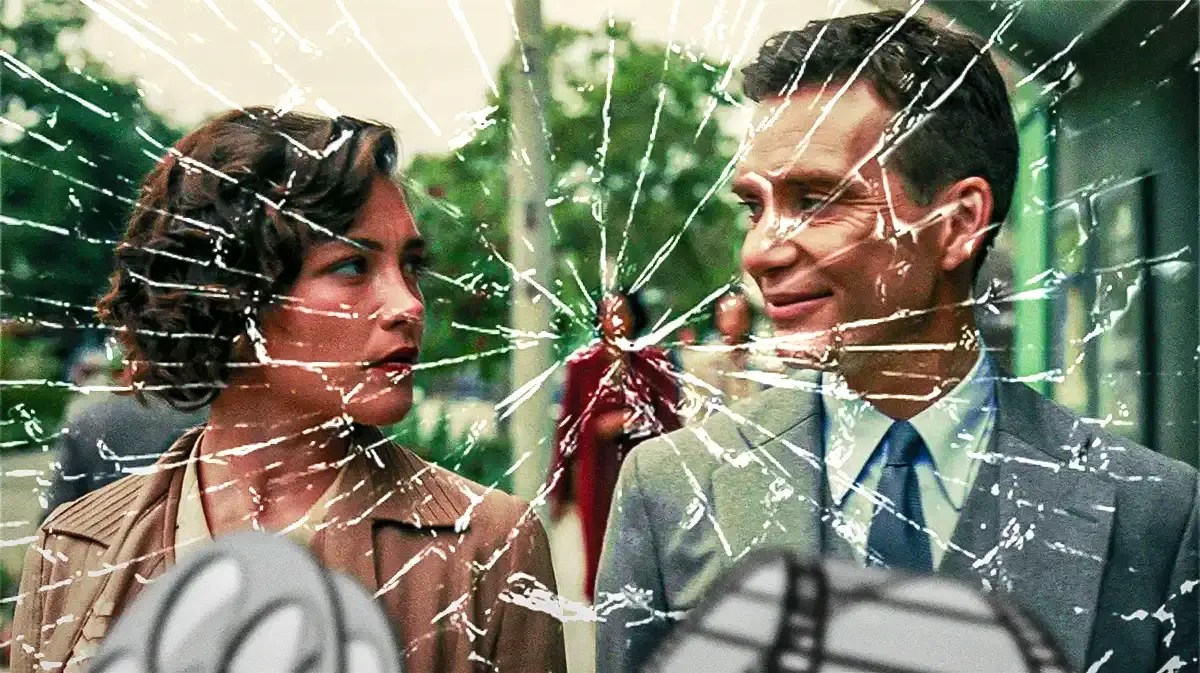 Florence Pugh in Oppenheimer with crack marks.