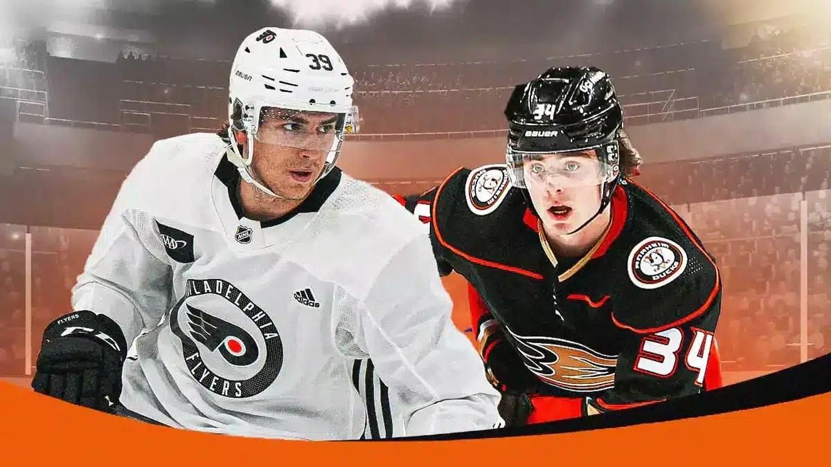 Flyers player Cutter Gauthier and Ducks player Jamie Drysdale