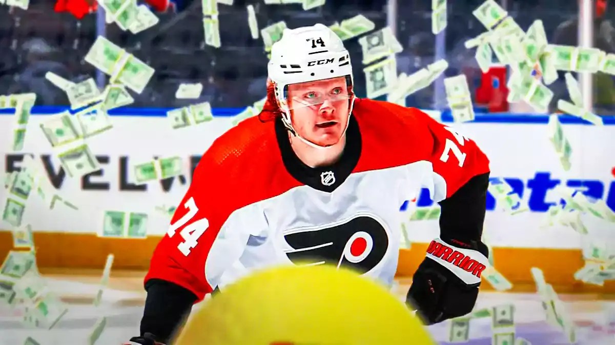 Owen Tippett with a bunch of money falling around him