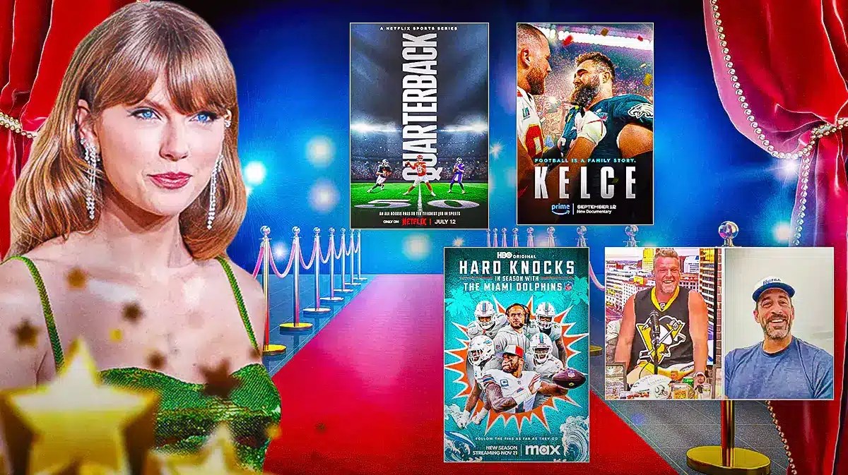Collage of images - Taylor Swift alongside the show posters for Netflix’s Quarterback; Prime’s Kelce documentary; Hard Knocks: In Season with the Miami Dolphins; Aaron Rodgers from Pat McAfee Show