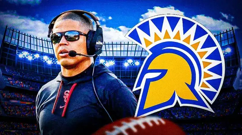 Former USC coach Donte Williams next to San Jose State logo.