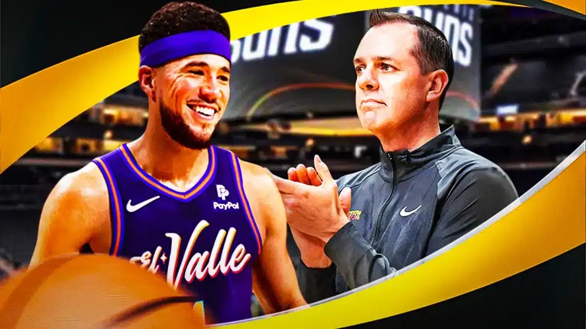 Phoenix Suns star Devin Booker and head coach Frank Vogel in front of the Footprint Center.
