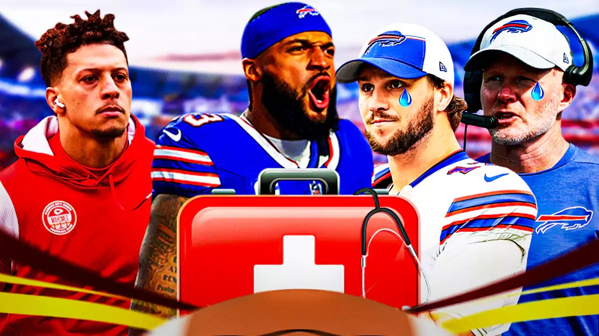 Bills' Gabe Davis with a first aid kit in front of him, Josh Allen and Sean McDermott crying, Chiefs' Patrick Mahomes
