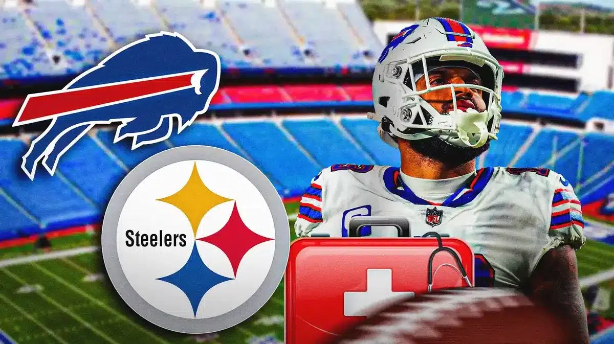 Photo: Gabe Davis in Bills uniform with med kits next to him and Bills/Steelers logos behind him.