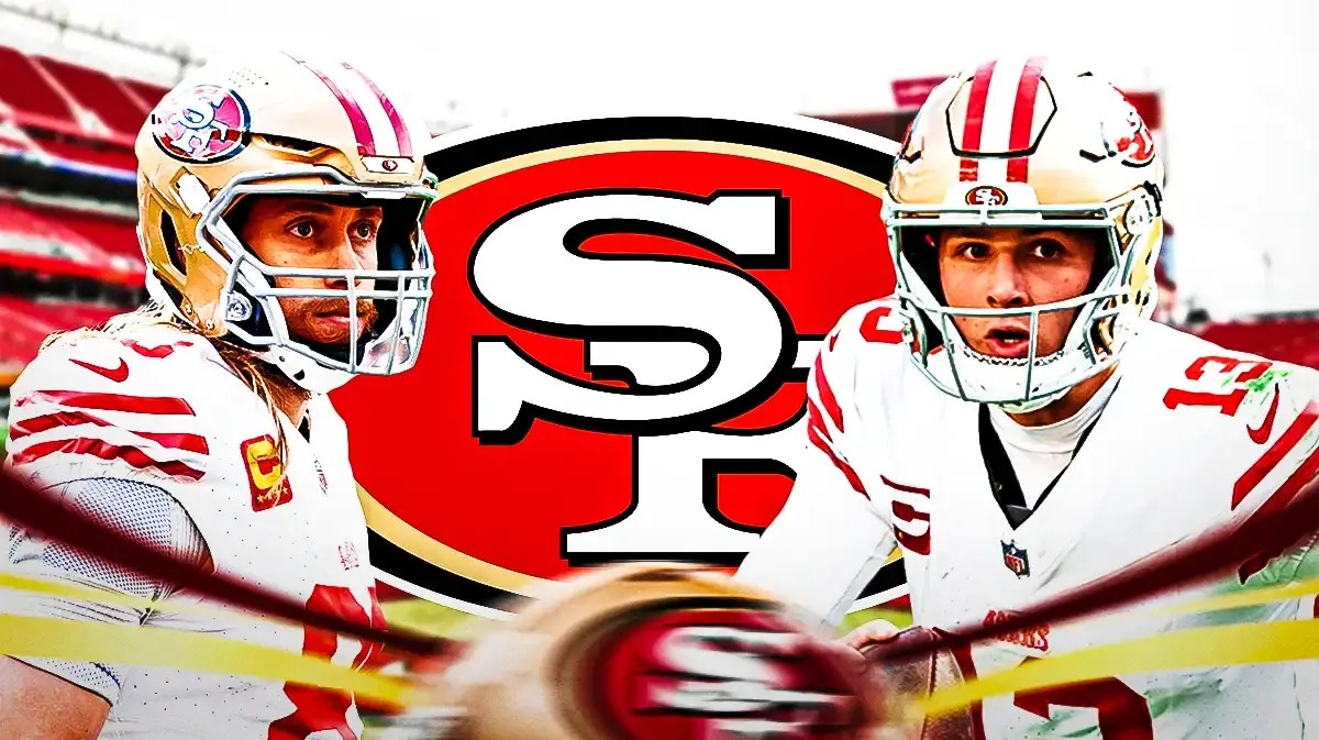 Photo: George Kittle and Brock Purdy in 49ers uniform with 49ers logo in the middle