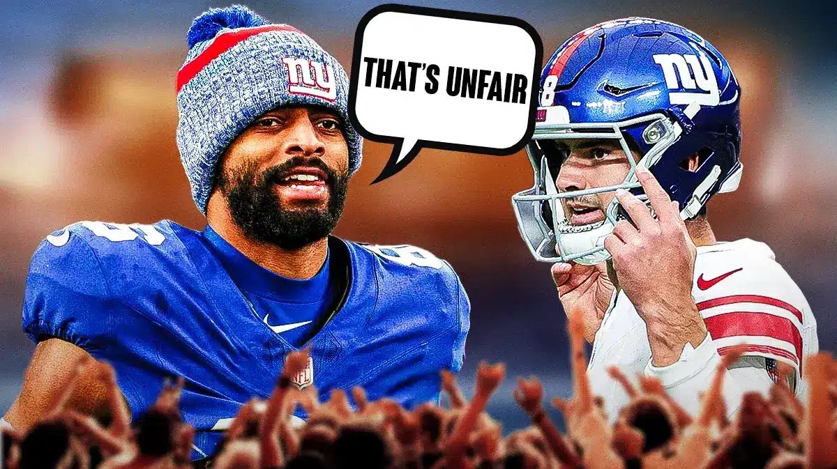 Darius Slayton next to Daniel Jones. Slayton saying "that's unfair" (New York Giants)