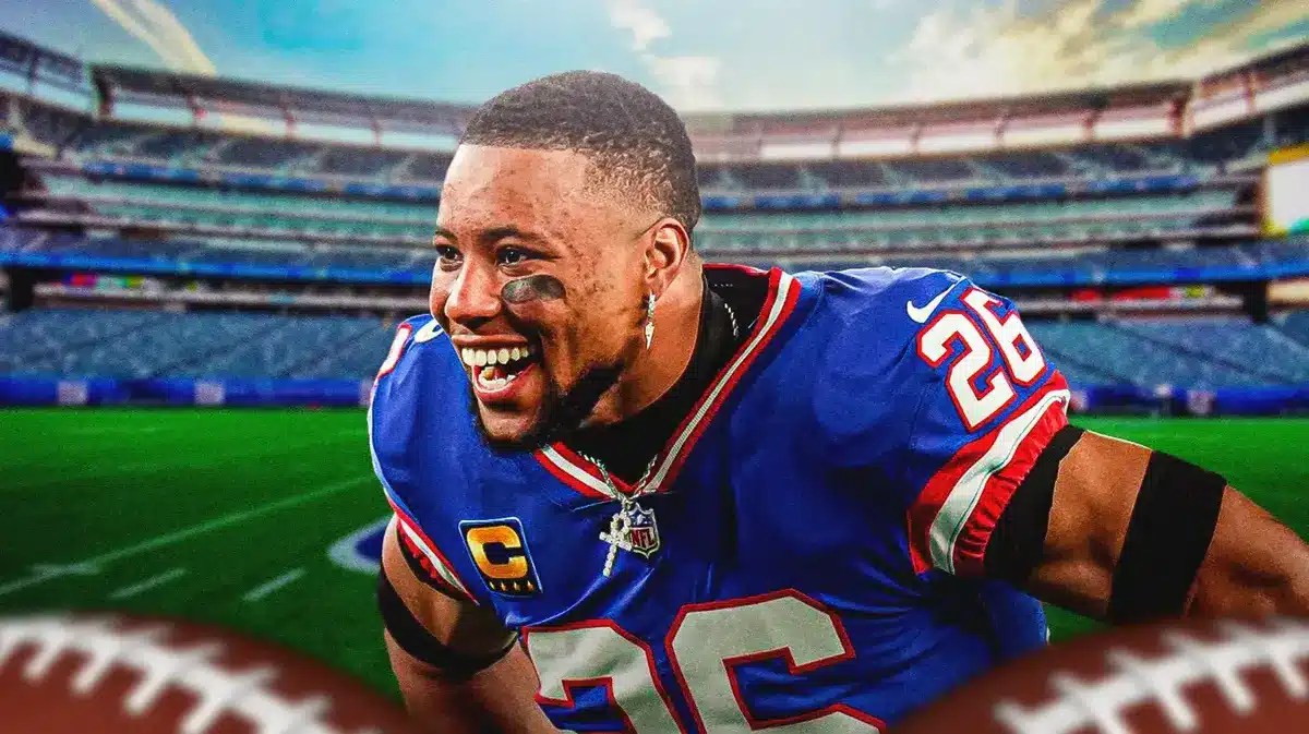 New York Giants star Saquon Barkley in front of MetLife Stadium