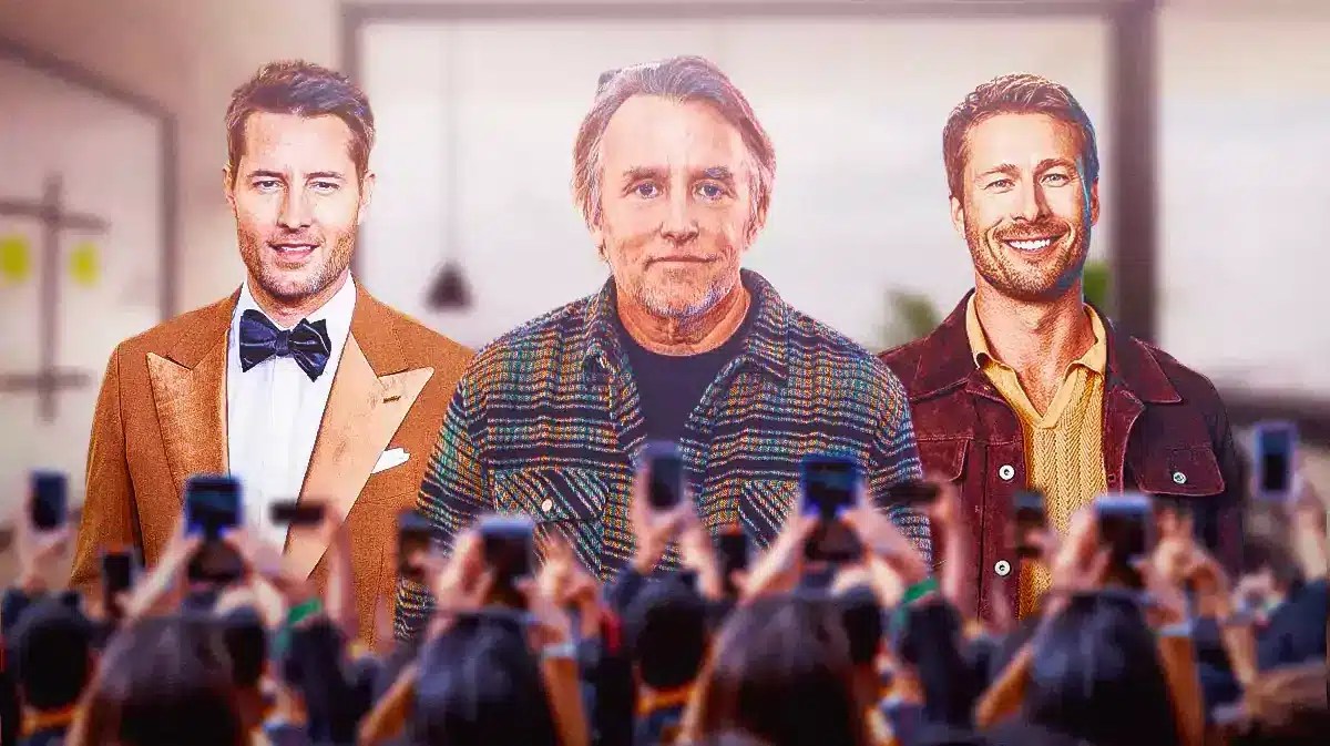 Justin Hartley, Richard Linklater and Glen Powell in front of a crowd.