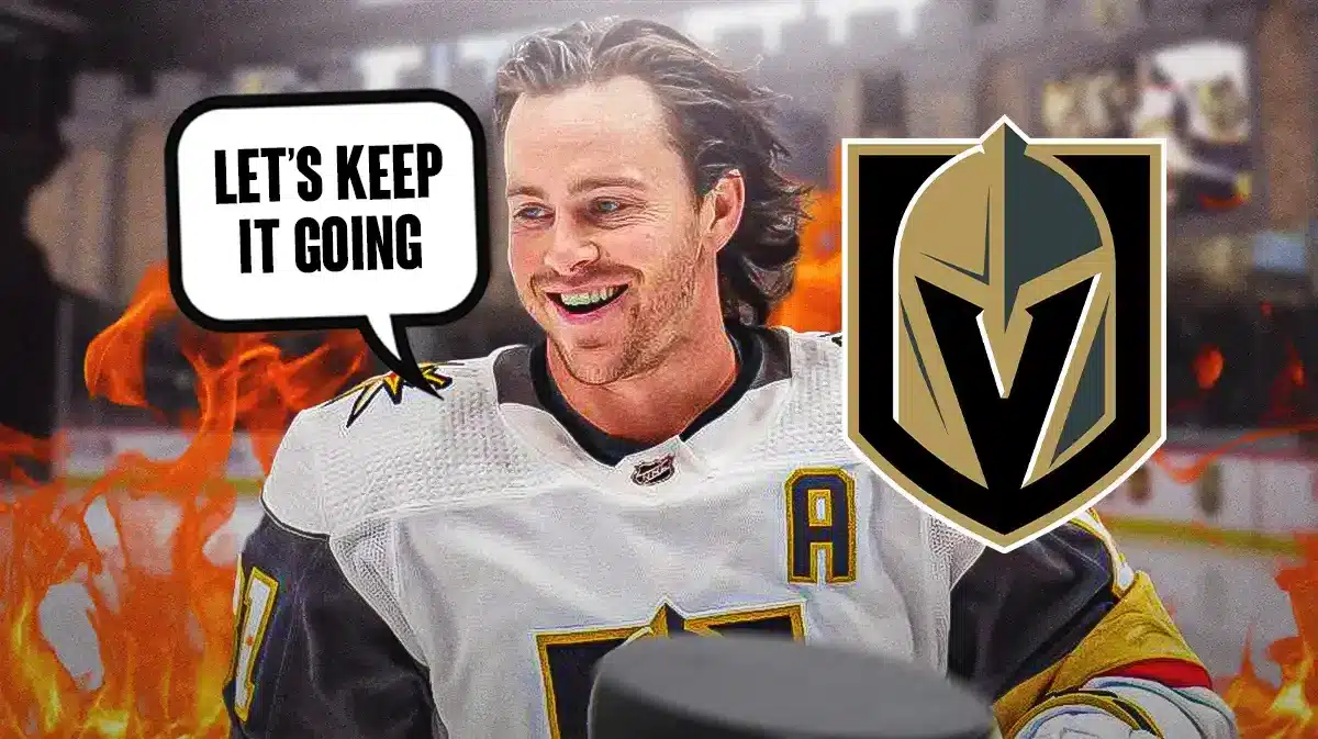 Jonathan Marchessault in middle of image looking happy with fire around him and speech bubble: “Let’s keep it going” , Vegas Golden Knights logo, hockey rink in background NHL Power Rankings