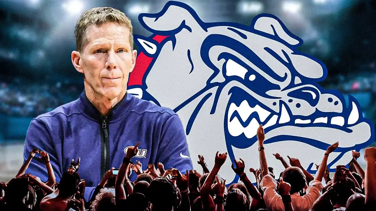 Mark Few next to the Gonzaga logo, fans cheering