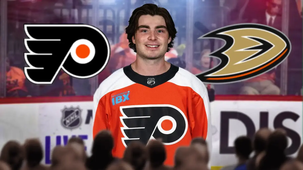 Jamie Drysdale in a Flyers jersey after the Ducks trade.
